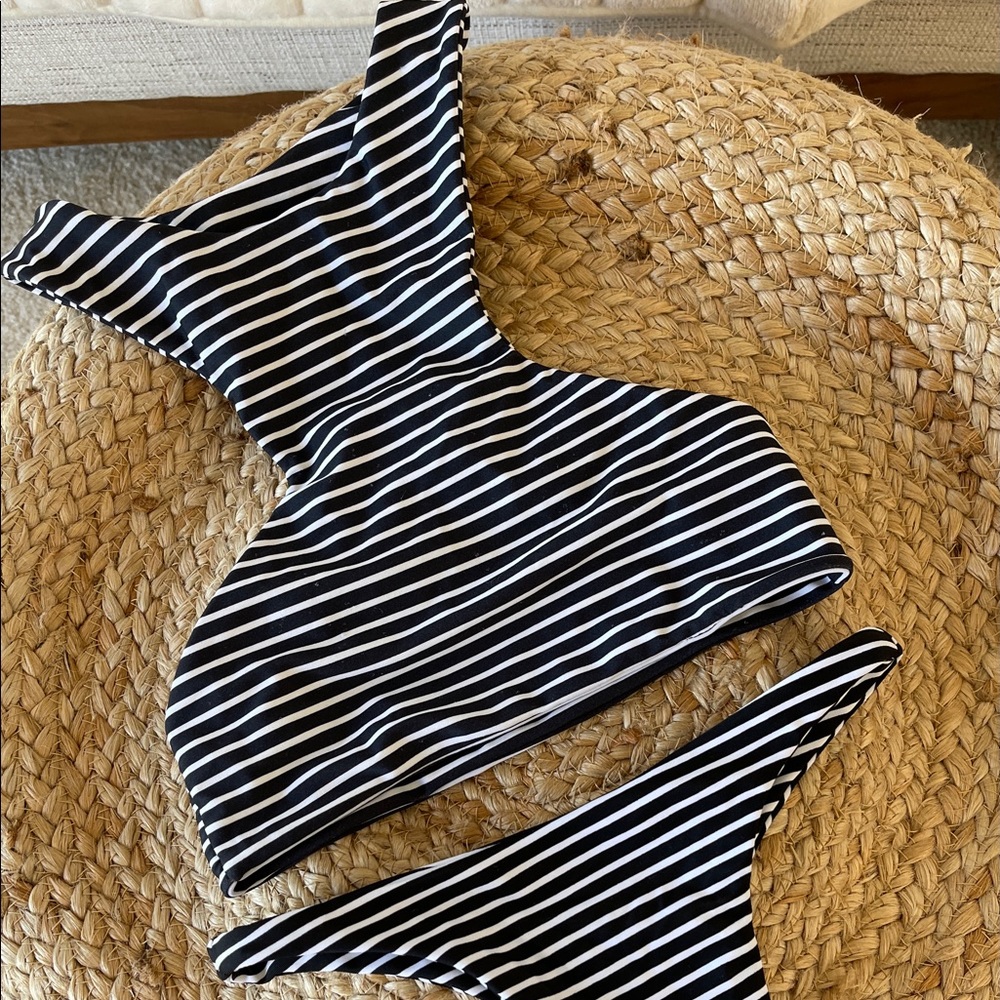 Mikoh Black and White Striped Swimwear Set